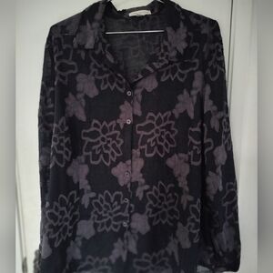 Coldwater Creek Size 1x Semi Sheer Black Blouse With Mauve Embroidered Flowers